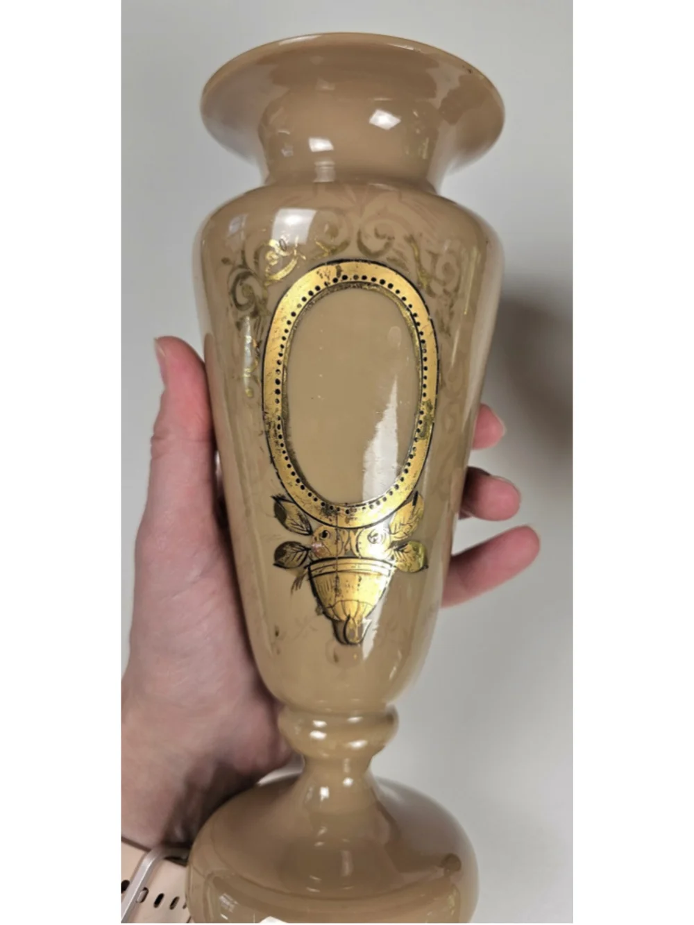 Antique Victorian Bristol Glass Vase Set Gold Gilt Hand Blown Taupe Pontil 8.5